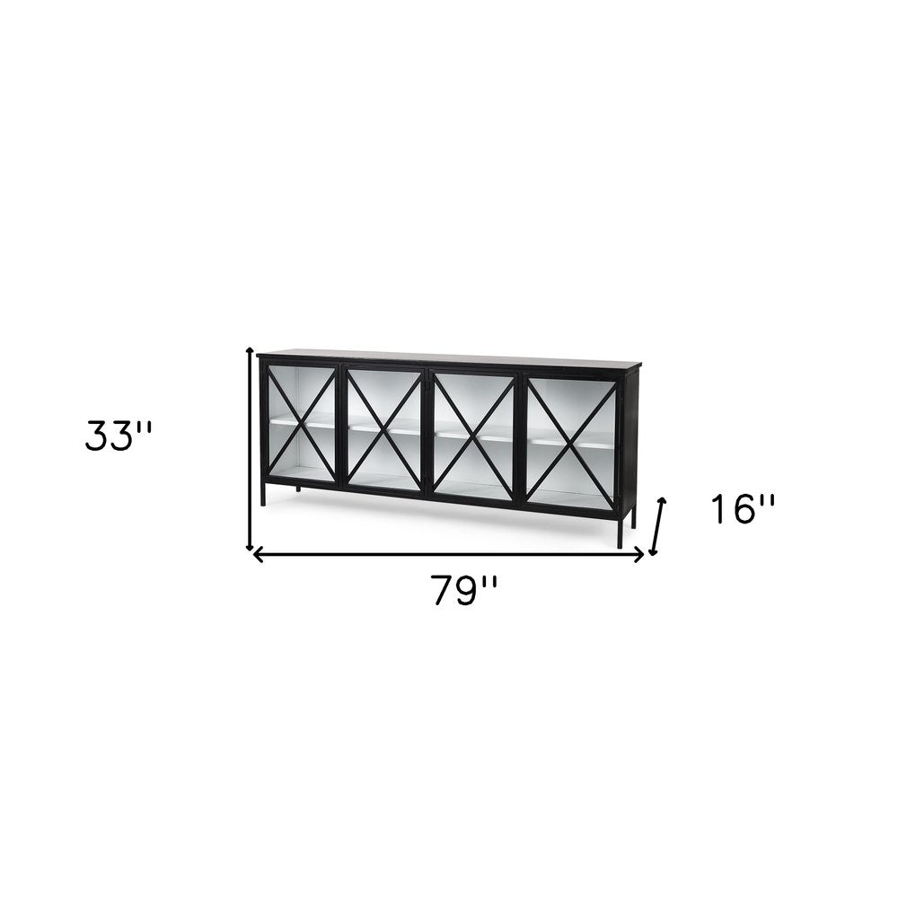 79" Black And White Iron Sideboard Soft Close with Four Glass Doors