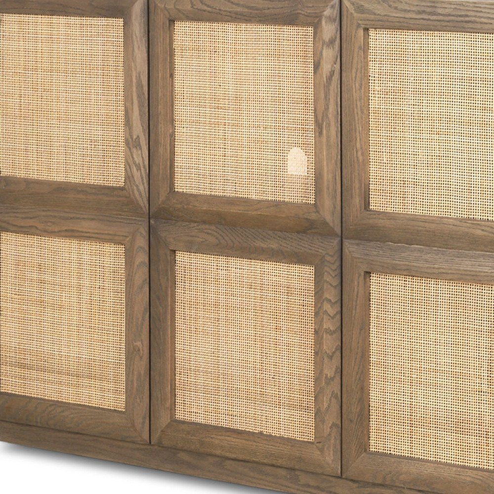 64" Brown And Natural Solid Wood Sideboard Soft Close with Four Doors