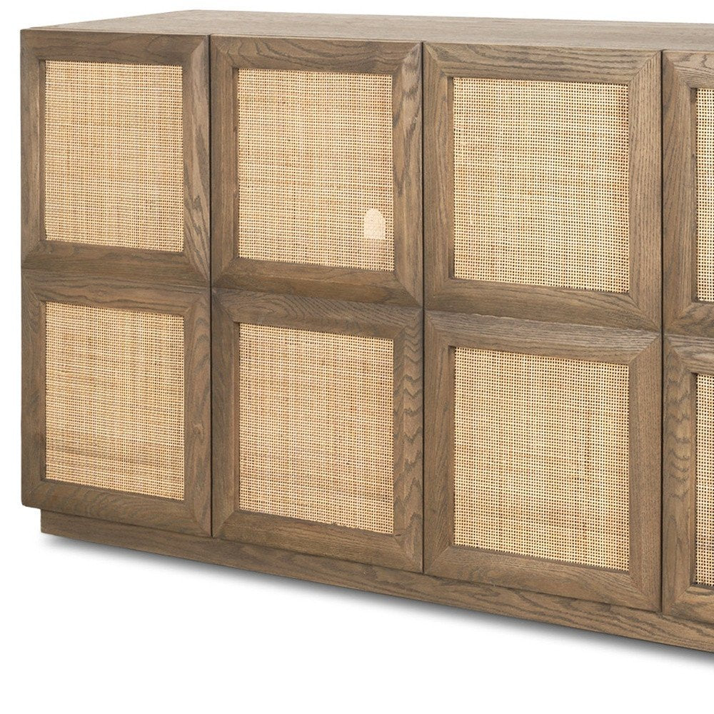 64" Brown And Natural Solid Wood Sideboard Soft Close with Four Doors