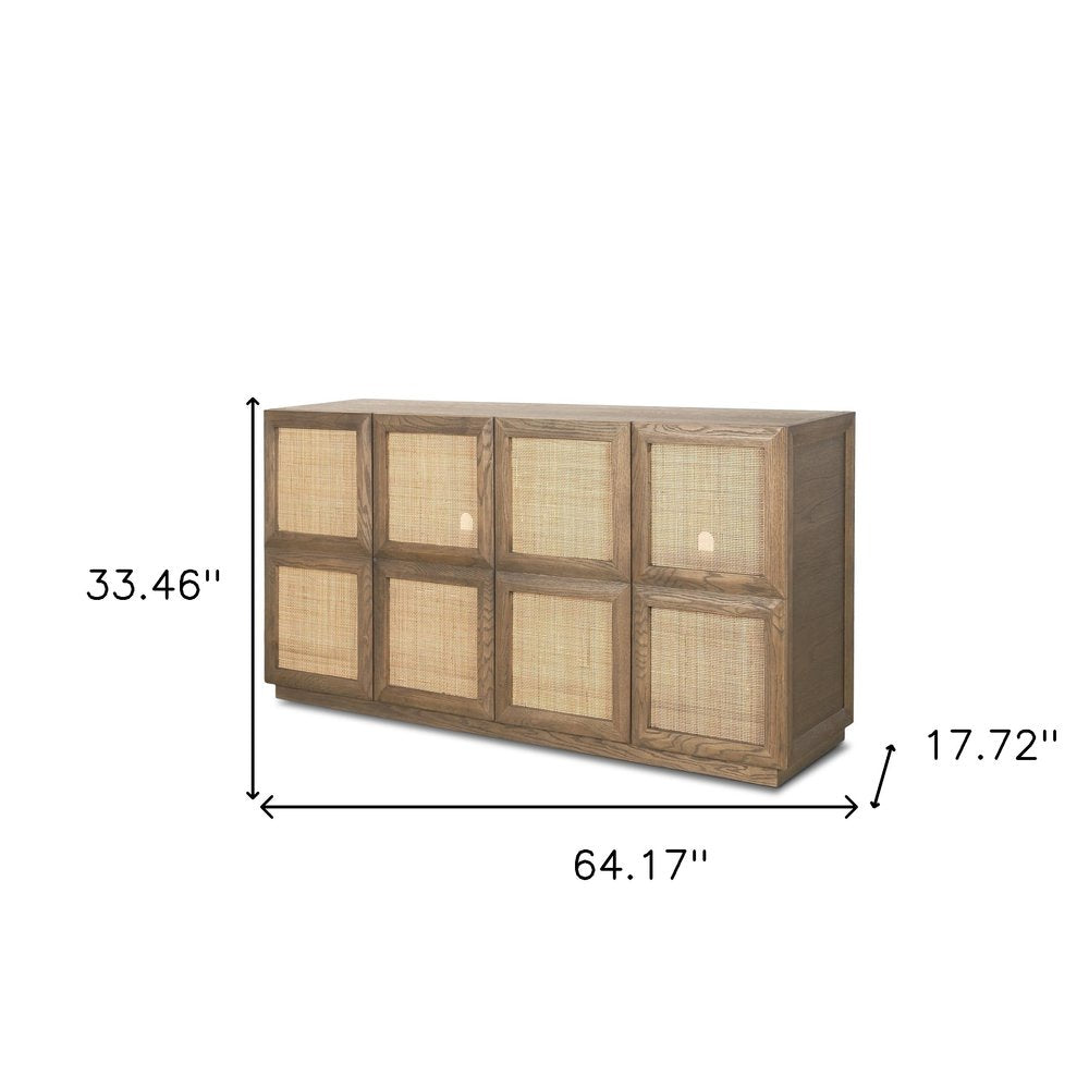 64" Brown And Natural Solid Wood Sideboard Soft Close with Four Doors