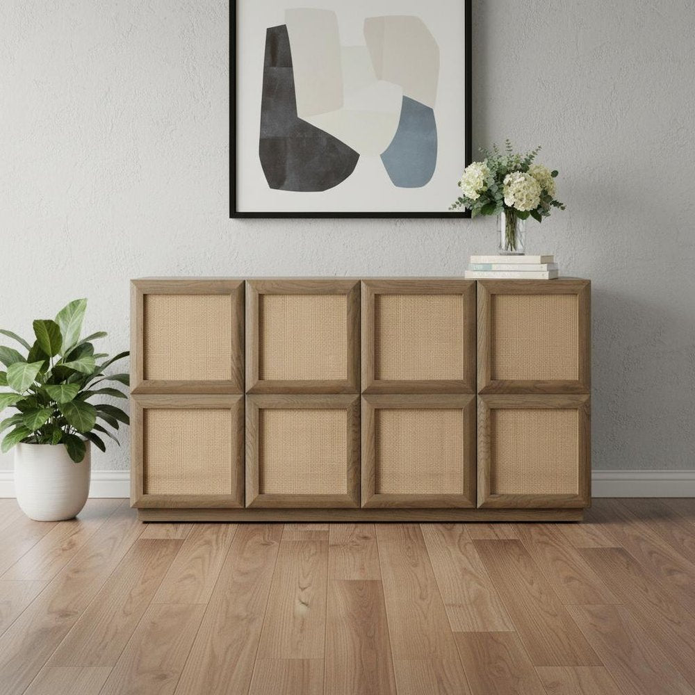 64" Brown And Natural Solid Wood Sideboard Soft Close with Four Doors
