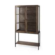 36" Brown and Black Solid Wood and Metal Display Cabinet With Two Doors
