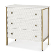 32" White and Gold Wood and Metal Carved Geometric Accent Cabinet With Three Drawers