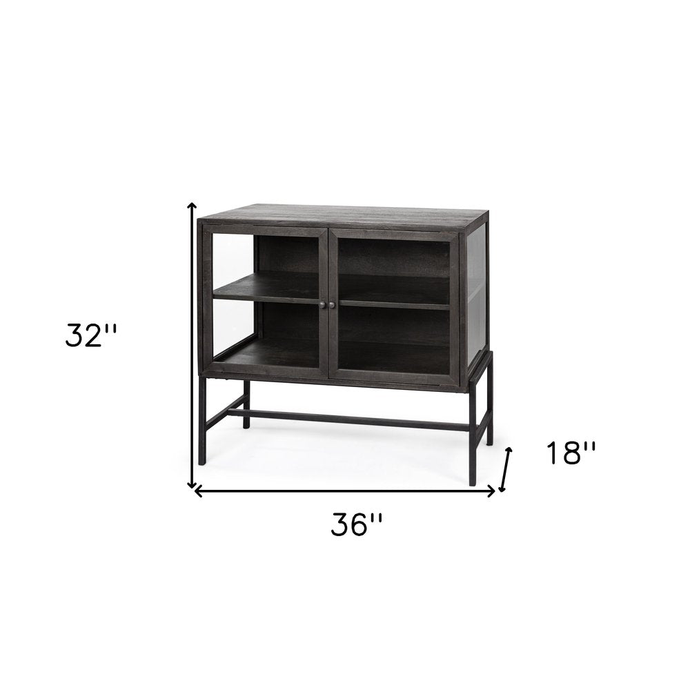 36" Brown and Black Solid Wood and Metal Display Cabinet With Two Doors