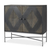 36" Dark Brown and Silver Solid Wood and Iron Carved Geometric Accent Cabinet With Two Doors