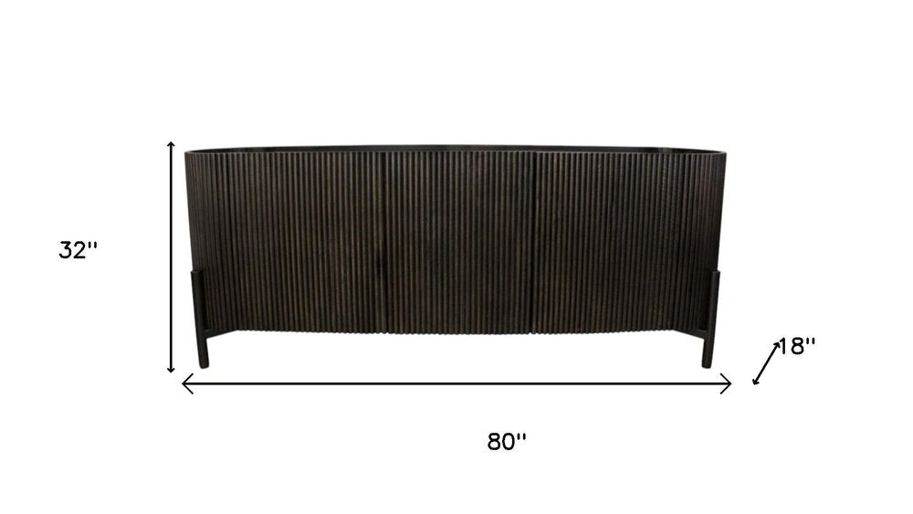 80" Brown Distressed Solid Wood Ribbed Texture Sideboard with Three Doors