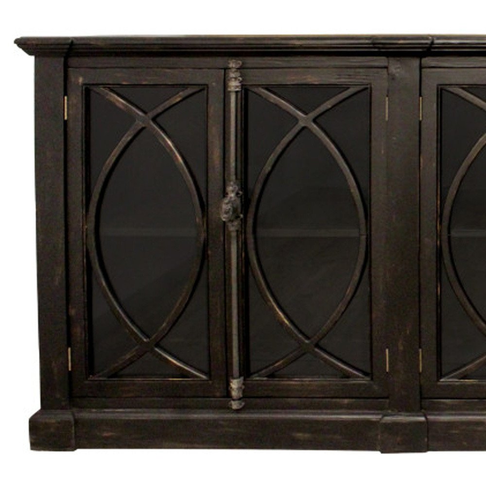 113" Black Distressed Solid Wood Sideboard with Six Glass Doors
