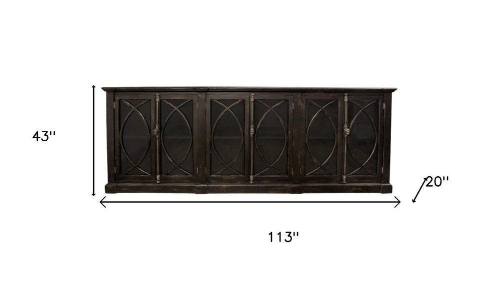 113" Black Distressed Solid Wood Sideboard with Six Glass Doors