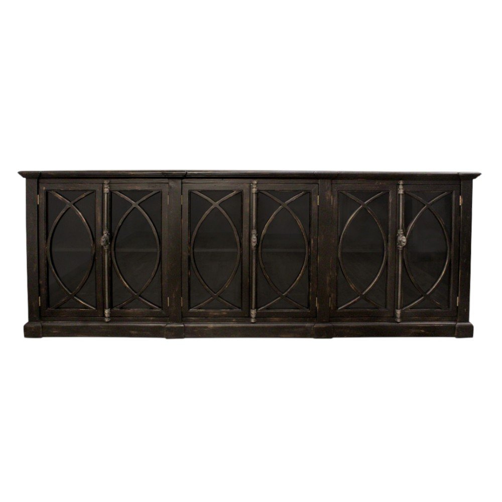 113" Black Distressed Solid Wood Sideboard with Six Glass Doors