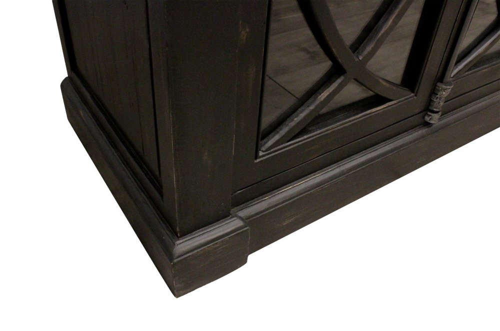 113" Black Distressed Solid Wood Sideboard with Six Glass Doors