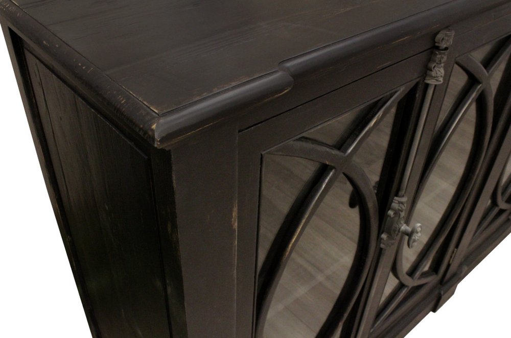 113" Black Distressed Solid Wood Sideboard with Six Glass Doors