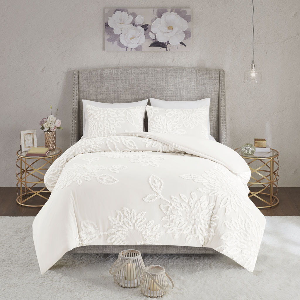 Veronica - 3 Piece Tufted Floral Duvet Cover Set - Off White