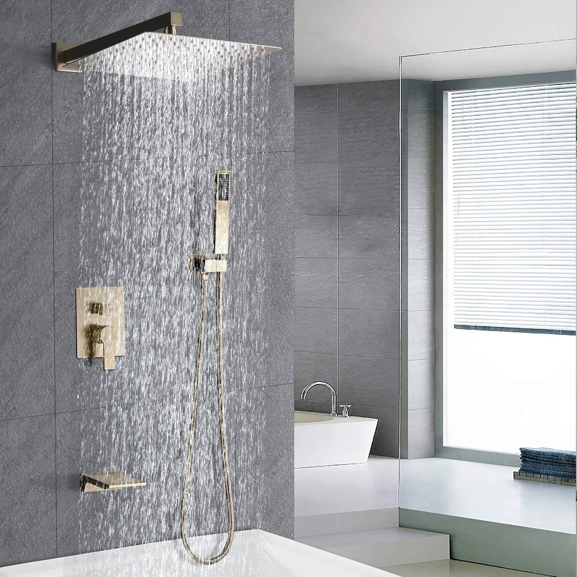 Tub Shower Faucet Set With 12" Rain Shower Head And Handheld Spray Combo
