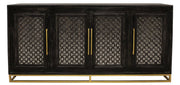 76" Black Distressed Solid Wood Carved Geometric Sideboard with Four Doors