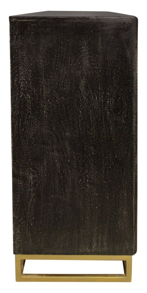 76" Black Distressed Solid Wood Carved Geometric Sideboard with Four Doors