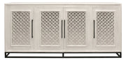 76" Antiqued White Distressed Solid Wood Carved Geometric Sideboard with Four Doors
