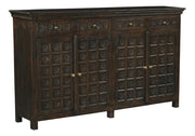 72" Black Distressed Solid Wood Carved Floral Four Drawer Sideboard with Four Doors