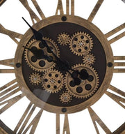18" Antiqued Gold And Black Metal Silent Skeleton Exposed Gear Round Wall Clock
