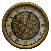 18" Antiqued Gold White And Black Metal Silent Skeleton Distressed Exposed Gear Round Wall Clock
