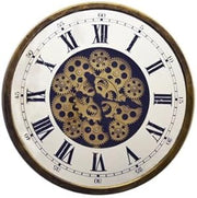 18" Antiqued Gold White And Black Metal Silent Skeleton Exposed Gear Round Wall Clock