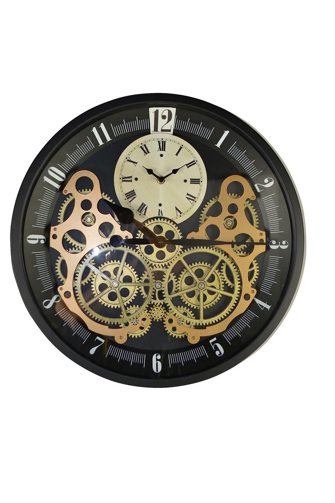 18" Black Gold And White Metal Silent Skeleton Exposed Gear Round Wall Clock