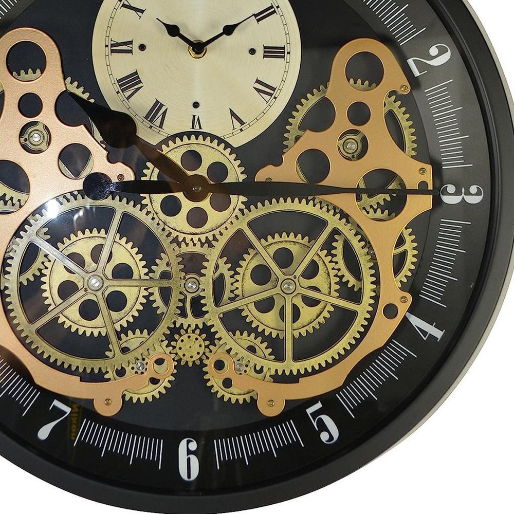 18" Black Gold And White Metal Silent Skeleton Exposed Gear Round Wall Clock