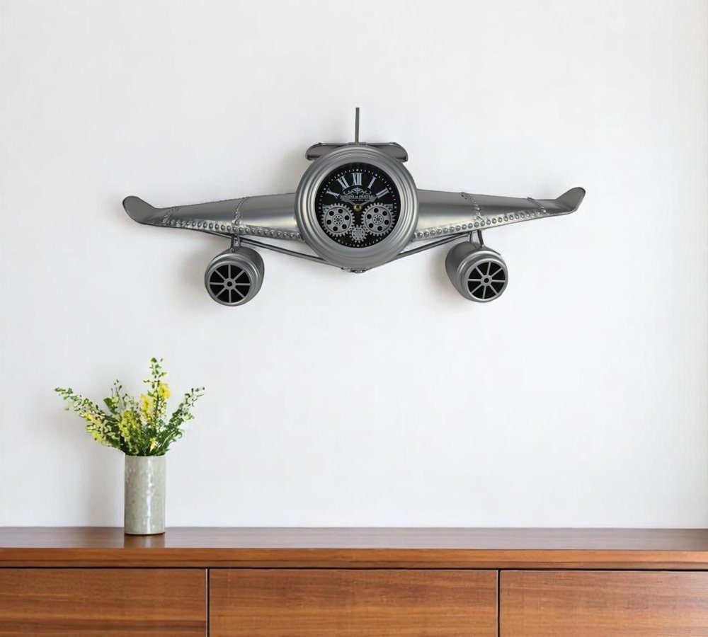 34" Black And Silver Silent Analog Exposed Gear Novelty Wall Clock