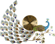 31" Gold Blue And Green Metal Silent Analog Peacock Novelty Wall Clock