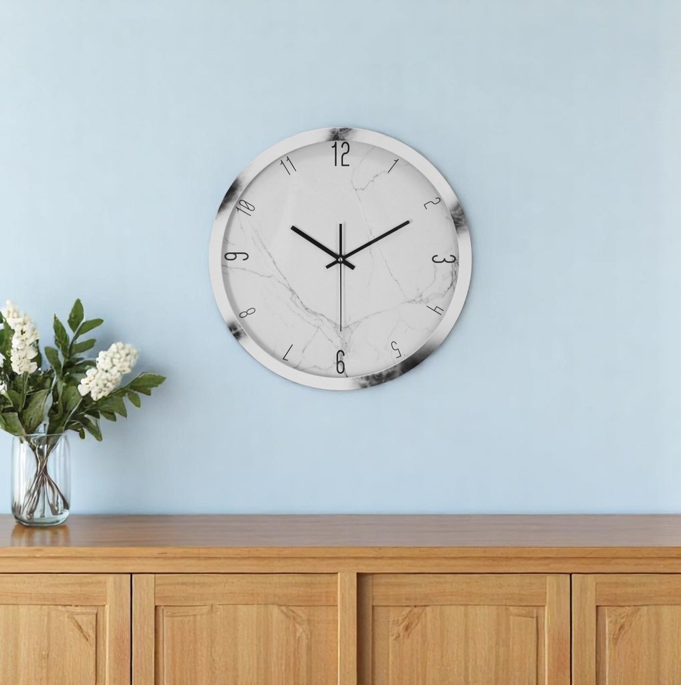 16" White And Black Heavy Duty Plastic Silent Analog Marble Round Wall Clock