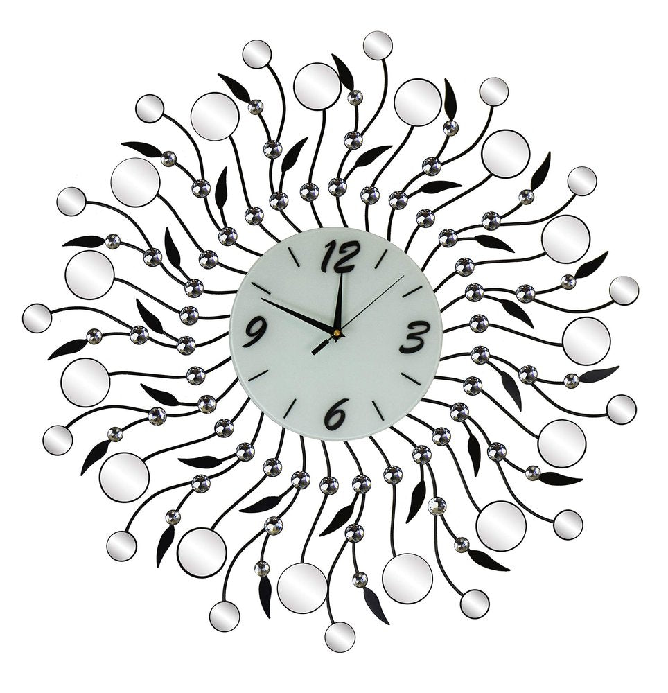 28" Silver Black And White Metal And Mirrored Glass Silent Analog Round Wall Clock