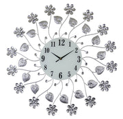 27" Silver White And Black Metal and Glass Silent Analog Floral Round Wall Clock