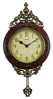15" Brown And Gold Resin Silent Pendulum Ornate Oval Wall Clock