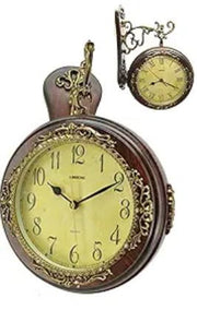 13" Brown Gold And Yellow Resin and Wood Silent Analog Ornate Round Wall Clock