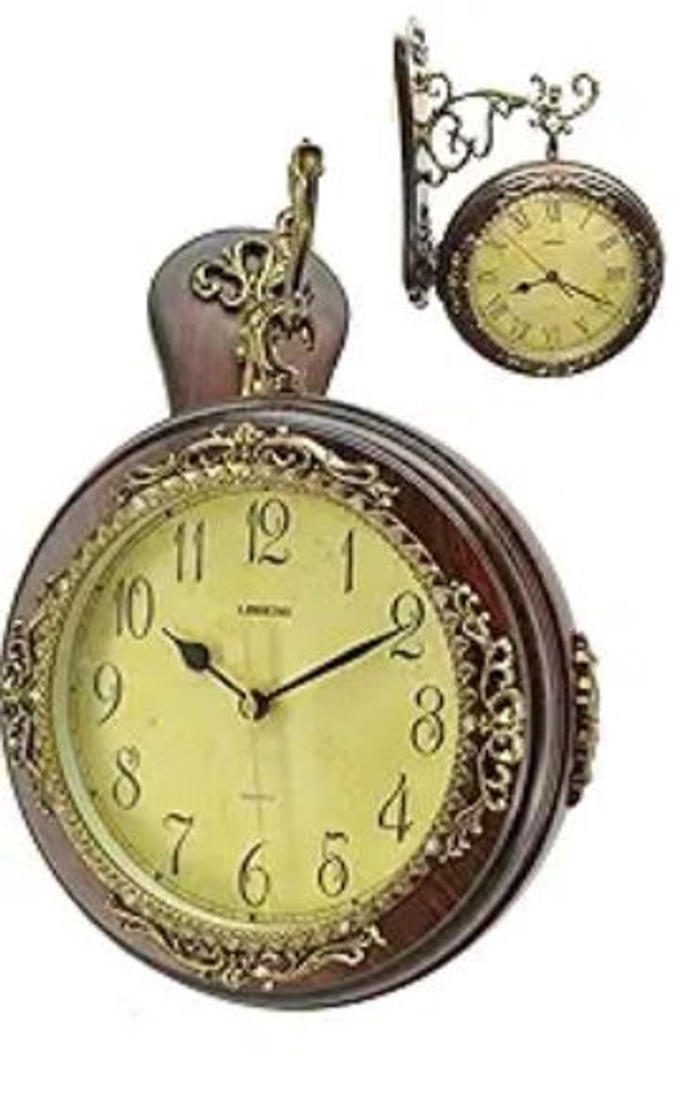13" Brown Gold And Yellow Resin and Wood Silent Analog Ornate Round Wall Clock