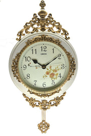 16" Antiqued White And Bronze Resin Silent Pendulum Ornate Oval Wall Clock