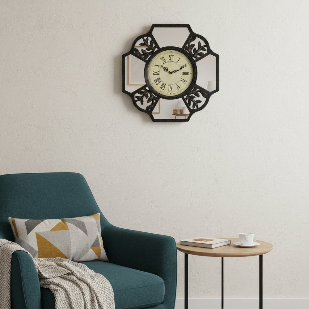 16" Black And Silver Heavy Duty Plastic Silent Analog Ornate Hexagon Wall Clock