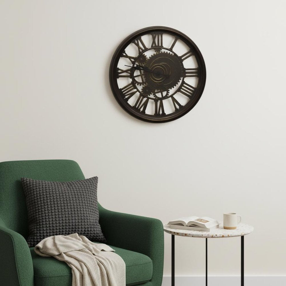 20" Antiqued Gold And Brown Heavy Duty Plastic Silent Skeleton Distressed Exposed Gear Round Wall Clock
