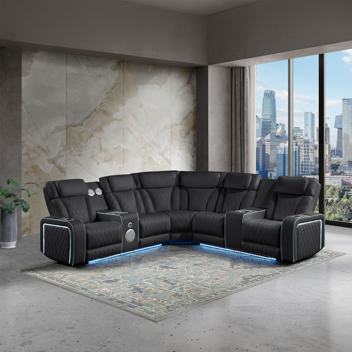 Electra - Power Recliner Sectional Sofa With Power Headrests, Console Loveseats, Wedge, LED Light Strip, Speakers
