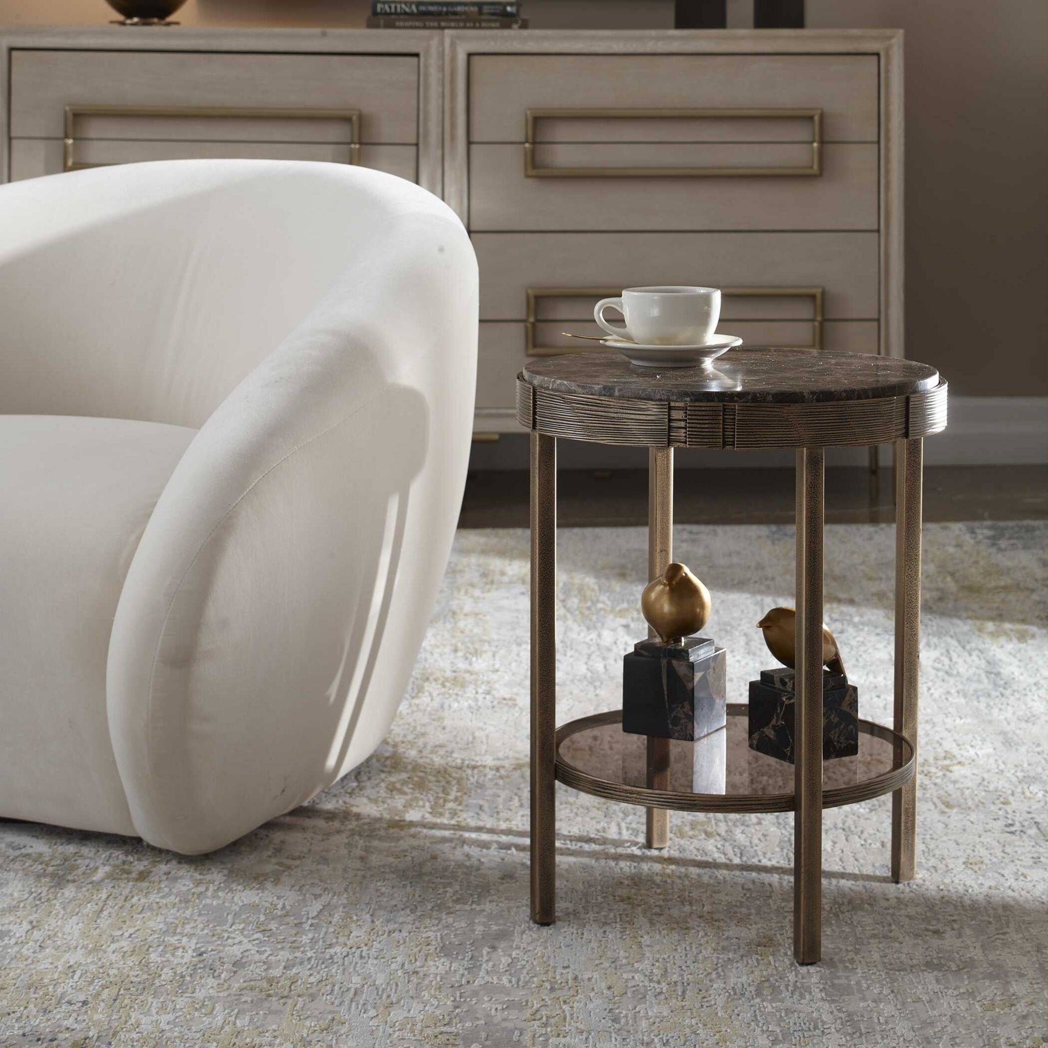 Cusano - Round Dark Marble Accent Table - Brass / Brown