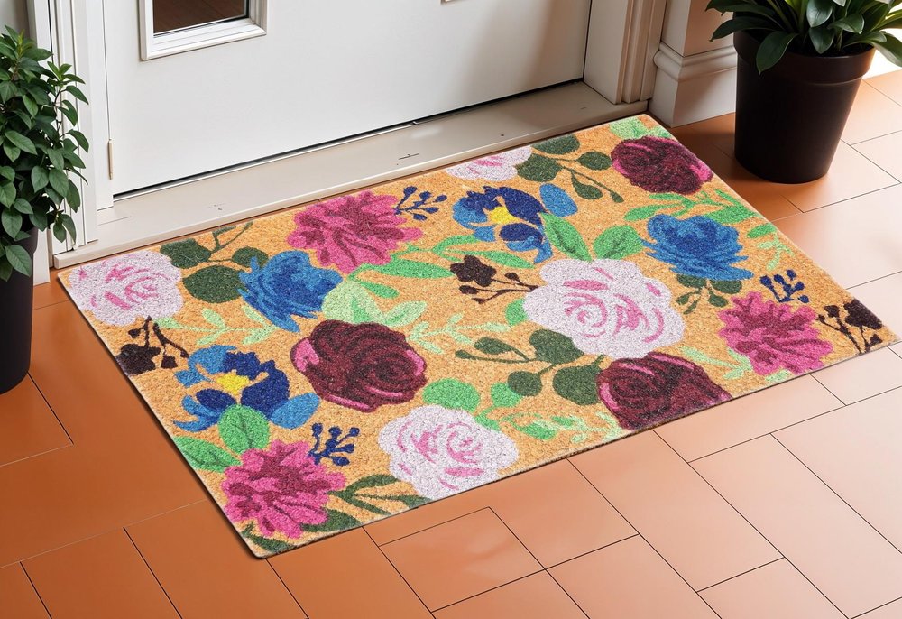 24" X 36" Natural Pink and Green Coir Floral Outdoor Door Mat