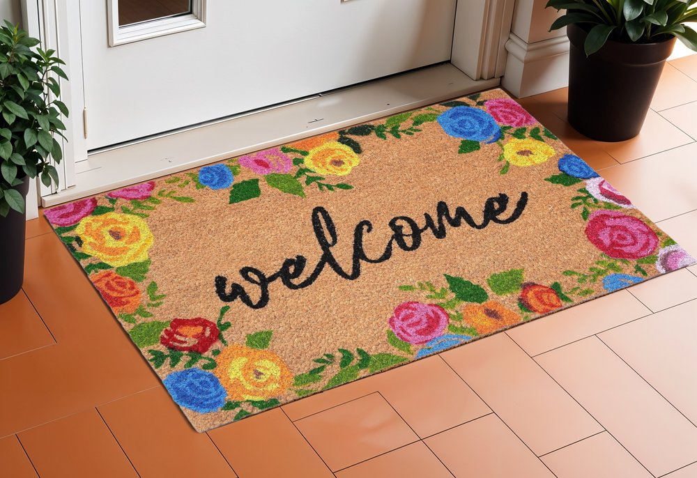 24" X 36" Natural and Black Coir Floral Welcome Outdoor Door Mat