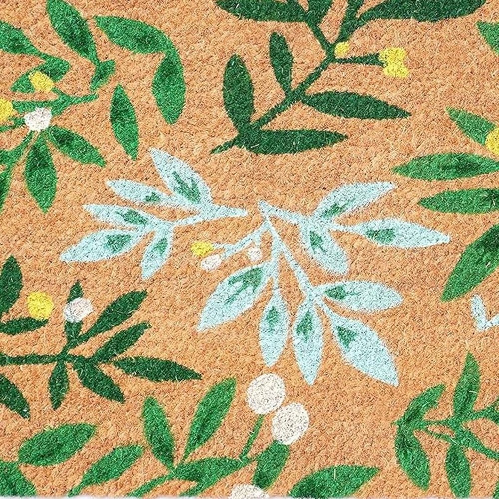 17" X 29" Natural and Green Coir Botanical Leaves Outdoor Door Mat