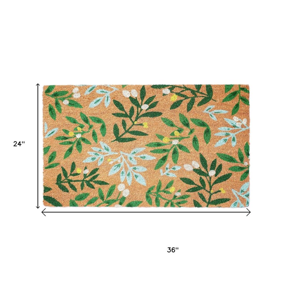 17" X 29" Natural and Green Coir Botanical Leaves Outdoor Door Mat