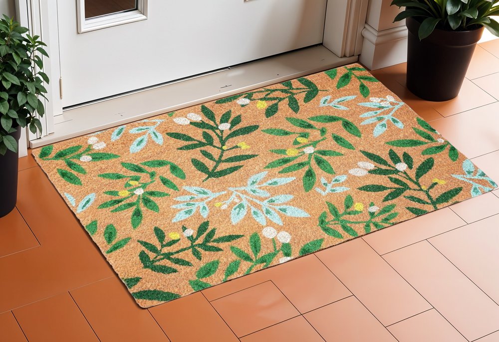17" X 29" Natural and Green Coir Botanical Leaves Outdoor Door Mat