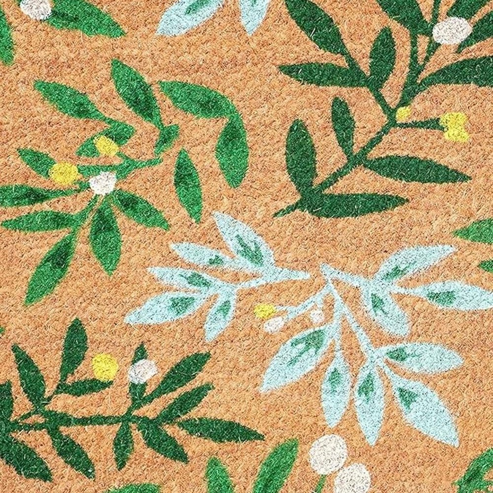 17" X 29" Natural and Green Coir Botanical Leaves Outdoor Door Mat