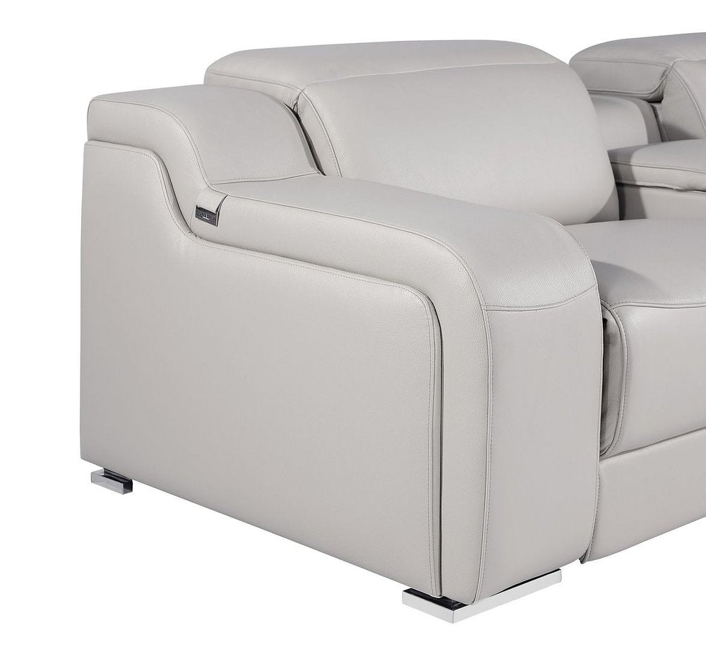 Light Gray Italian Leather Power Reclining U Shaped Twelve Piece Corner Sectional With Console
