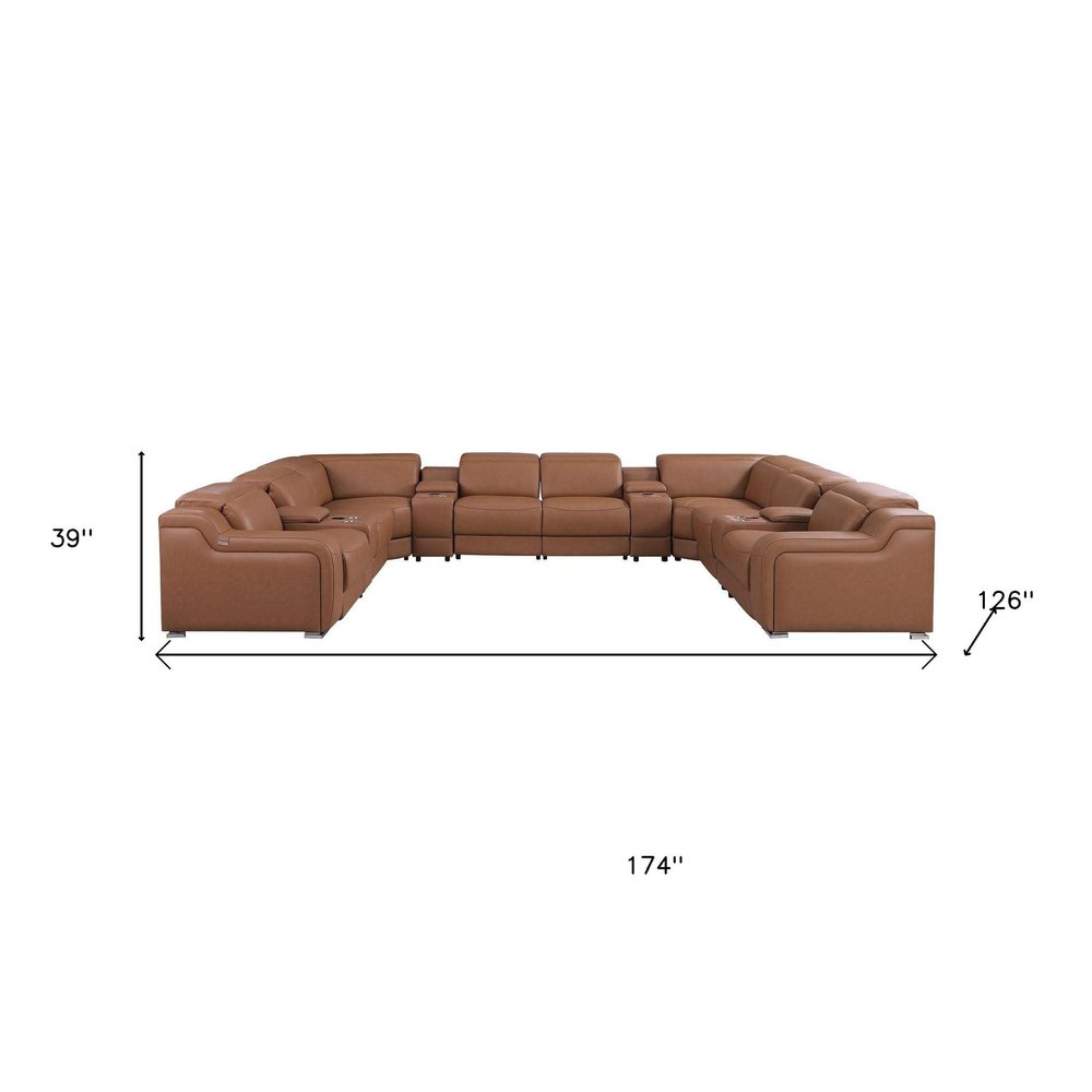 Chestnut Italian Leather Power Reclining U Shaped Twelve Piece Corner Sectional With Console