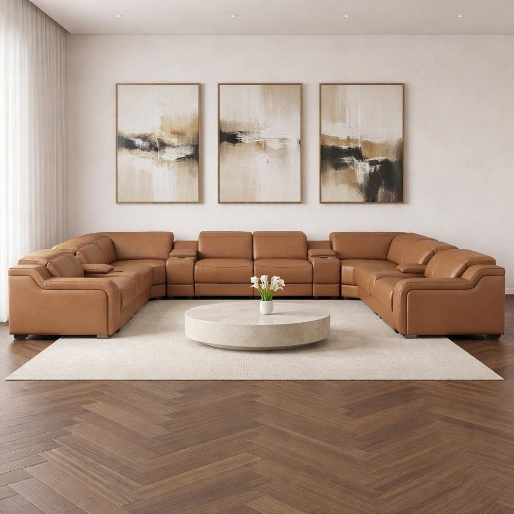 Chestnut Italian Leather Power Reclining U Shaped Twelve Piece Corner Sectional With Console