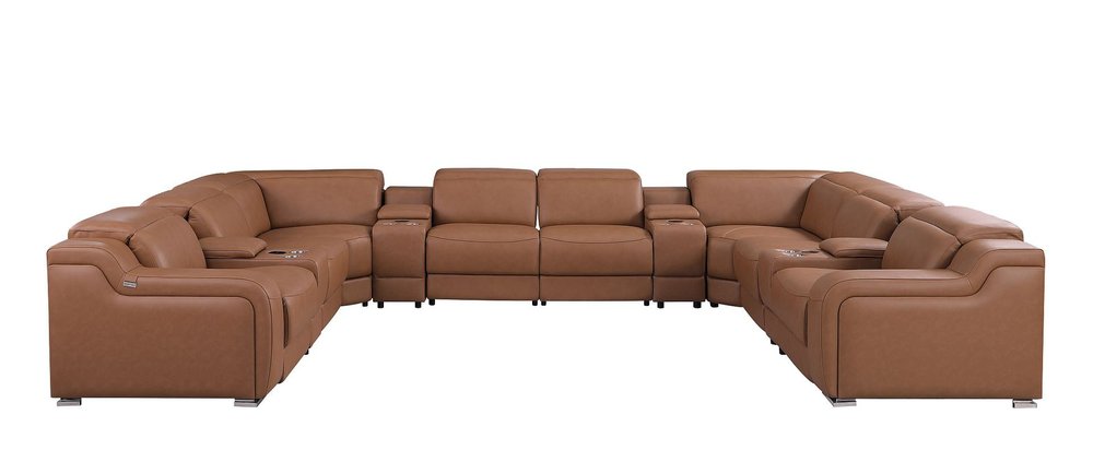 Chestnut Italian Leather Power Reclining U Shaped Twelve Piece Corner Sectional With Console