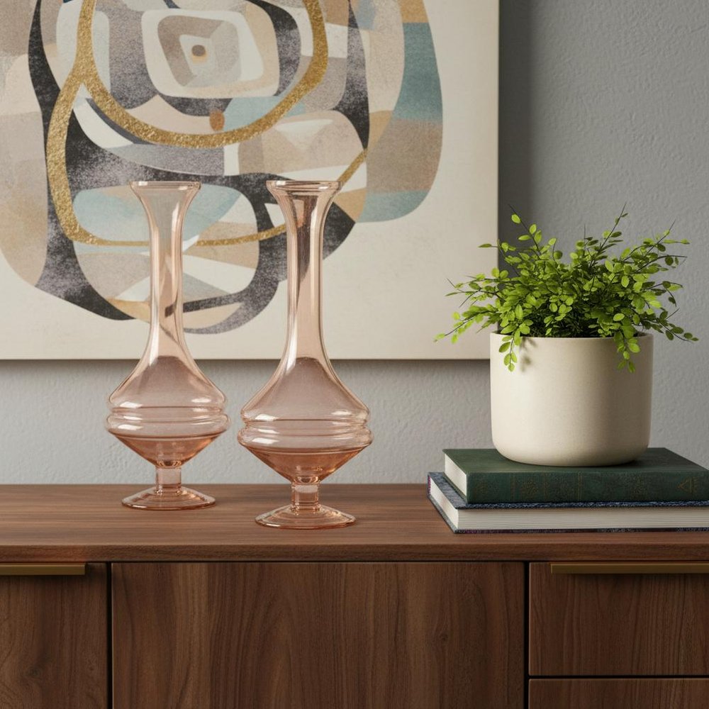 Set of Two 9" Pink Glass Trumpet Table Vases